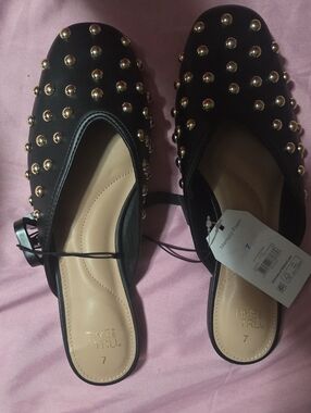Time and Tru Black Studded Slip-On Mules